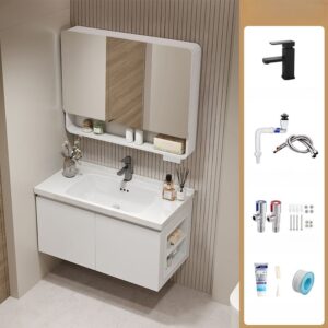 Bathroom Vanity with Side splash, White Base, 4 Doors, Black Faucet, Ceramic Sink